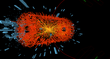 Candidate &Upsilon; decay to two muons observed in a lead-lead collision at the LHC. The two red lines (tracks) are the two muons, the mass of orange lines are tracks from other particles produced in the collision, whose energy is measured in the electromagnetic calorimeter (red cuboids) and the hadron calorimeter (blue cuboids).