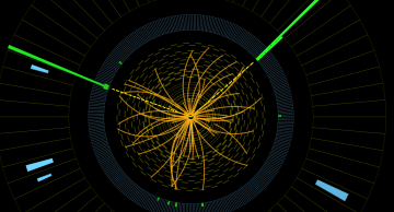 Event recorded with the CMS detector in 2012 at a proton-proton centre of mass energy of 8 TeV. The event shows characteristics expected from the decay of the SM Higgs boson to a pair of photons (dashed yellow lines and green towers). The event could also be due to known standard model background processes.