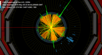 Event display of a candidate tttt event with one of the top quark candidates producing a jet originating from a b quark (b jet), a muon and a neutrino (that the CMS experiment cannot directly detect). The additional jets could come from the other three top quarks. 
